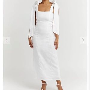White linen midi dress with shoulder bow tie